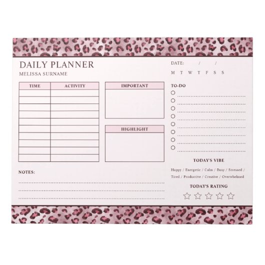 Roze Luipaardprint Ongedateerde Dagelijkse Planner Notitieblok (Voorkant)