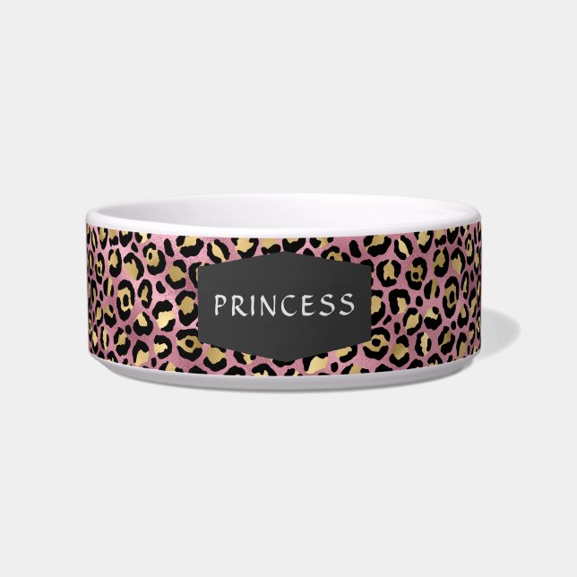 Roze luipaardprint patroon voor vrouwelijke honden voerbakje (Voorkant)
