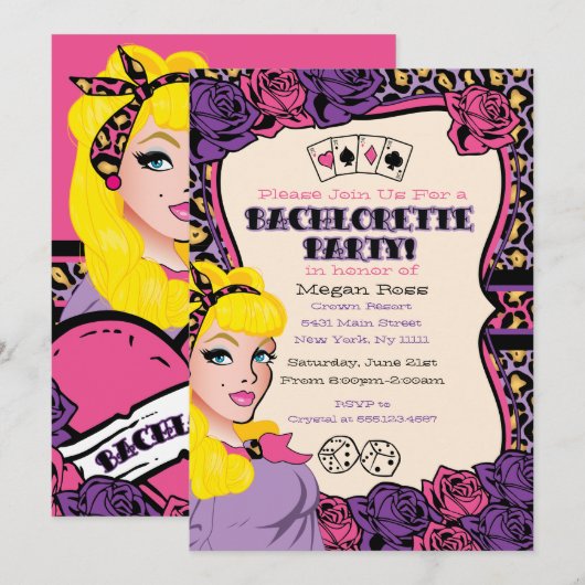 Roze luipaardprint, pin-up feestuitnodigingen kaart (Voorkant / Achterkant)