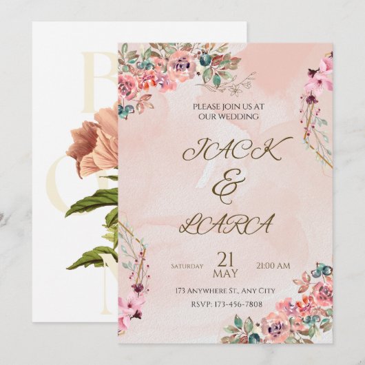 Roze Luxe Huwelijksuitnodiging Kaart (Voorkant / Achterkant)