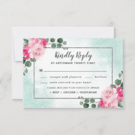 Roze Maaltijdkeuze Groene Waterverf Bloemenbruilof RSVP Kaartje