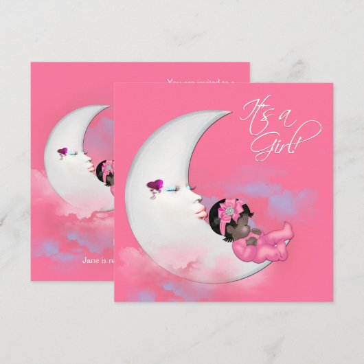 Roze Maan Afrikaans Amerikaans Baby Meisje Douche Kaart (Voorkant / Achterkant)