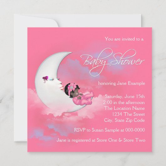 Roze Maan Afrikaans Amerikaans Baby Meisje Douche Kaart (Achterkant)
