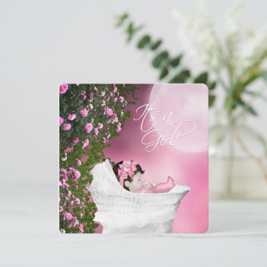 Roze maan baby meisje douche kaart (Staand voorkant)