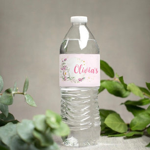 Roze Maan Baby Shower met Bloemen Waterfles Etiket