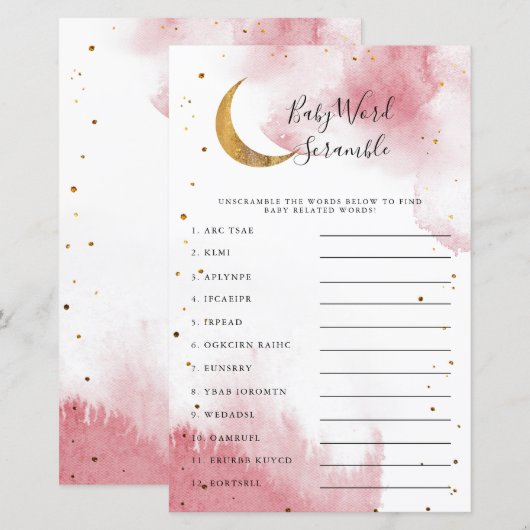 Roze maan Baby shower Word Scramble Game (Voorkant / Achterkant)
