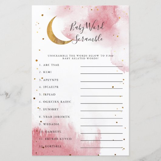 Roze maan Baby shower Word Scramble Game (Voorkant)