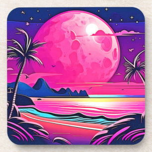 Roze Maan Beachscape Art Bier Onderzetter