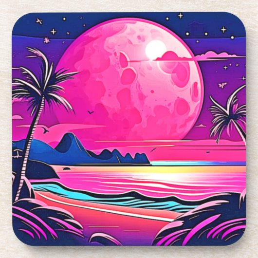 Roze Maan Beachscape Art Bier Onderzetter (Voorkant)