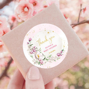 Roze Maan Bloemen Baby Shower Dank je Ronde Sticker