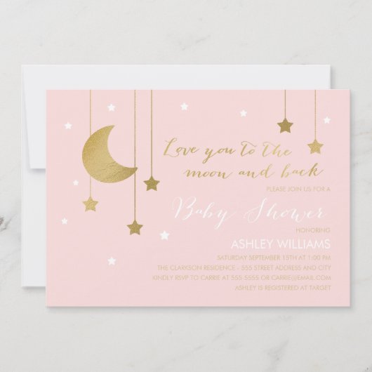 Roze maan en Achterste Baby shower Uitnodiging (Voorkant)