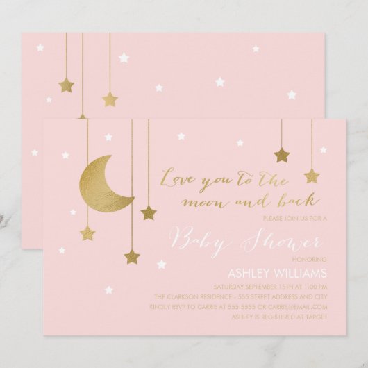 Roze maan en Achterste Baby shower Uitnodiging (Voorkant / Achterkant)