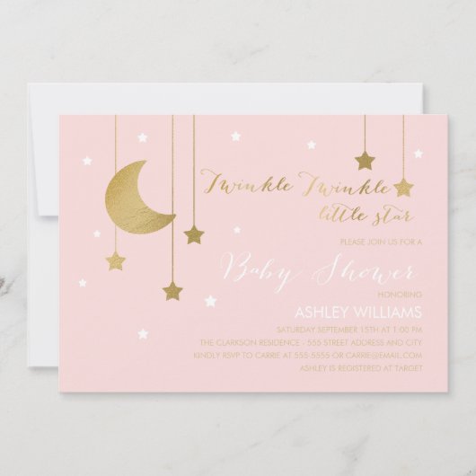 Roze maan en Stars Baby shower Uitnodiging (Voorkant)