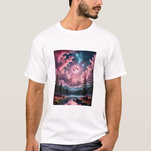 Roze Maan Fantasy Dromerige Nacht Hemellandschap T T-shirt (Voorkant)