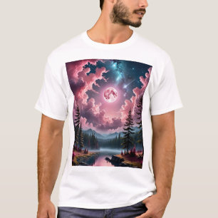 Roze Maan Fantasy Dromerige Nacht Hemellandschap T T-shirt
