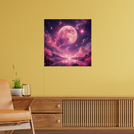 Roze Maan Kersenbloesem Fantasie Nachtelijke Hemel Poster