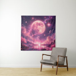 Roze Maan Kersenbloesem Fantasie Nachtelijke Hemel Wandkleed