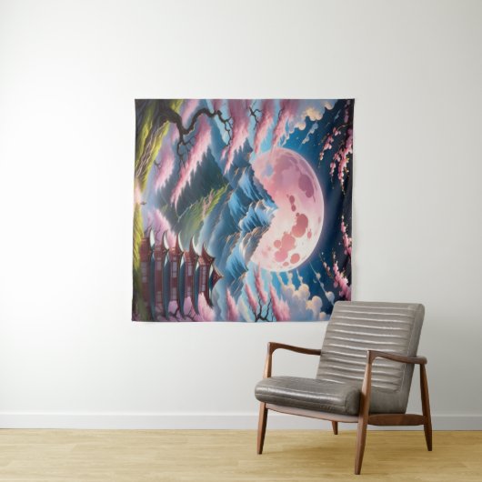 Roze Maan & Kersenbloesempagode: Ingewikkelde Anim Wandkleed (In Situ (horizontaal))