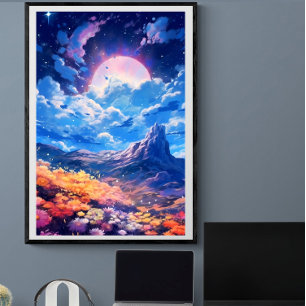 Roze maan nacht hemel bloemenlandschap   AI Poster