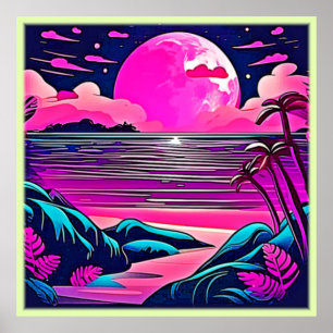 Roze Maan Neon Beachscape Poster