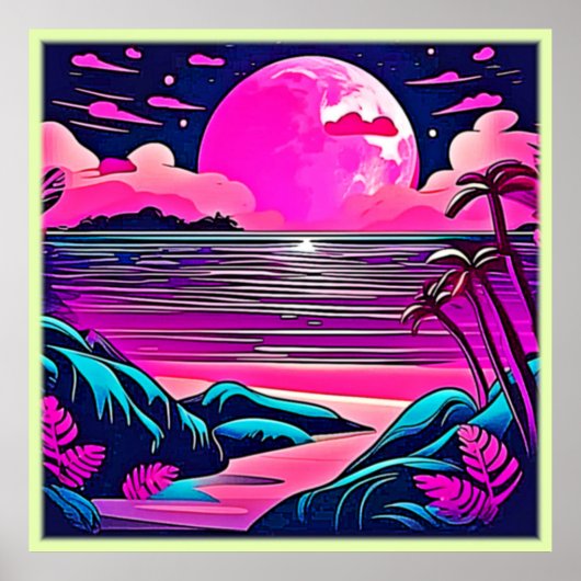 Roze Maan Neon Beachscape Poster (Voorkant)