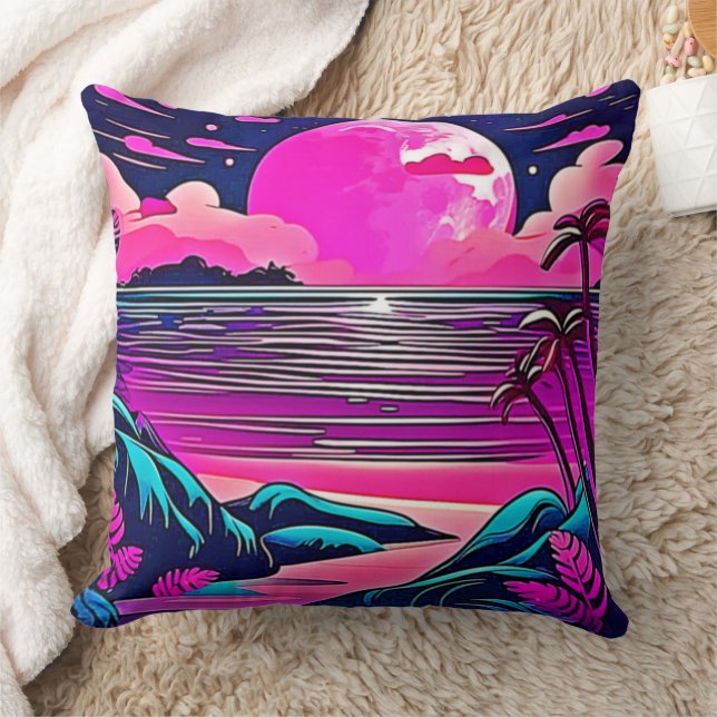 Roze Maan Neon Strandgezicht Kussen (Deken)