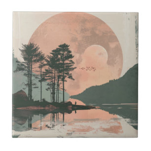 Roze Maan Sage Berg Bos Meer Landschap Tegeltje