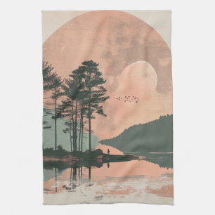 Roze Maan Sage Berg Bos Meer Landschap Theedoek