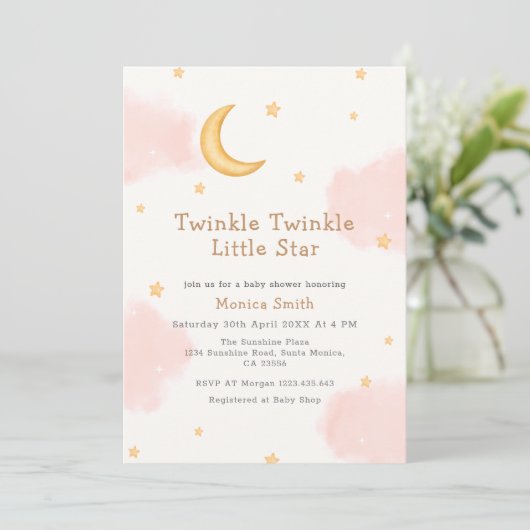 Roze Maan Sterren Twinkle Twinkle Meisje Baby show Kaart (Staand voorkant)