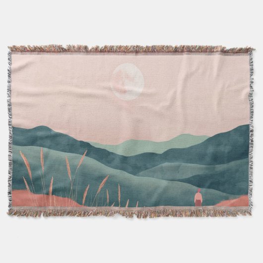 Roze Maan Teal Boho Berglandschap Deken (Voorkant)