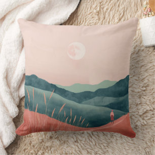 Roze Maan Teal Boho Berglandschap Kussen