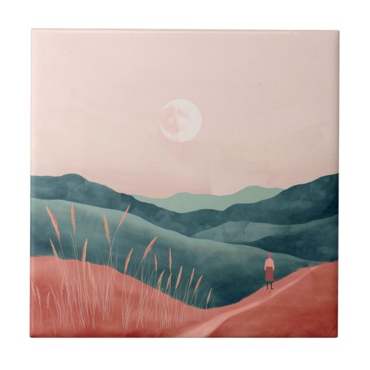 Roze Maan Teal Boho Berglandschap Tegeltje (Voorkant)