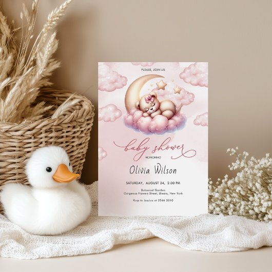 Roze Maan & Teddydbeer Baby Shower Kaart