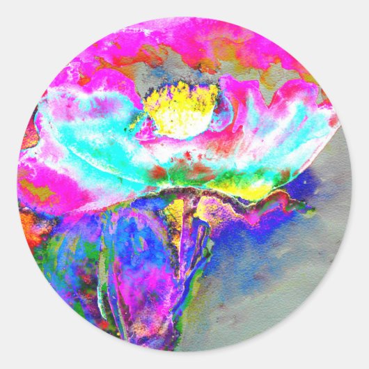 Roze maandop, waterverf bloemschilderij ronde sticker (Voorkant)