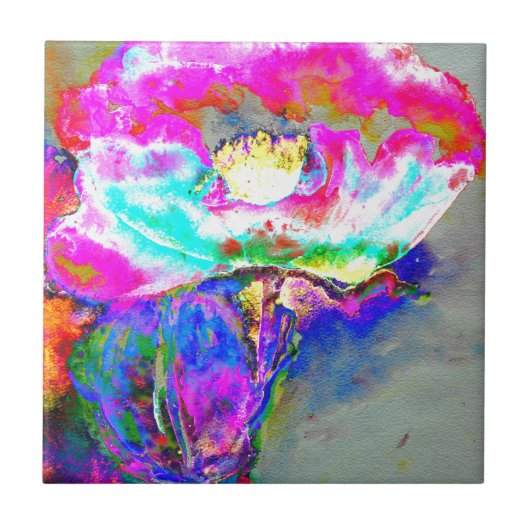 Roze maandop, waterverf bloemschilderij tegeltje (Voorkant)