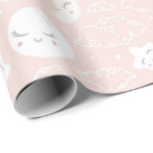 Roze maansterren en wolken Baby shower Cadeaupapier (Rol Hoek)