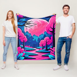 Roze Maanverlichte Bos Kunst Fleece Deken