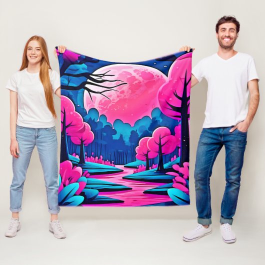 Roze Maanverlichte Bos Kunst Fleece Deken (In situ)