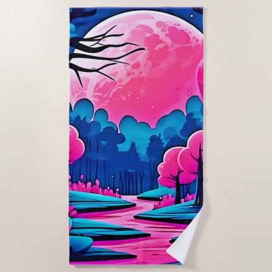 Roze Maanverlichte Bos Kunst Strandlaken (Voorkant)
