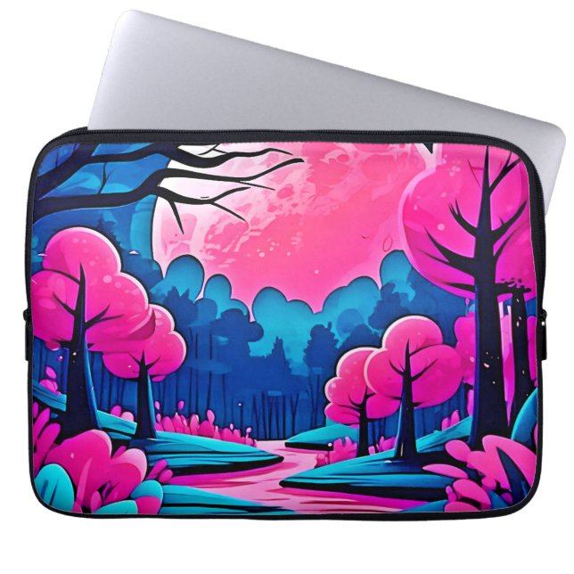 Roze maanverlichte boskunst laptop sleeve (Voorkant)