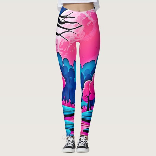 Roze maanverlichte boskunst leggings (Voorkant)
