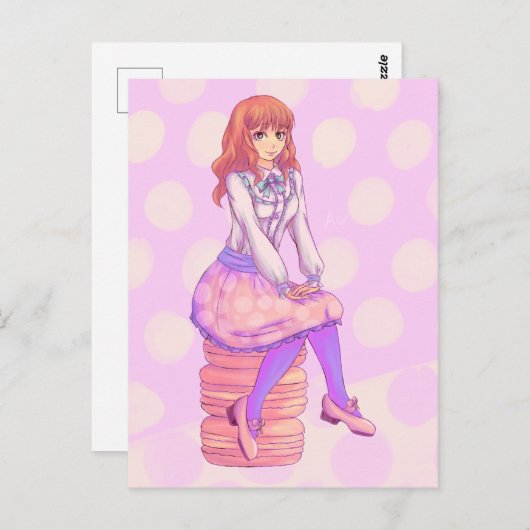Roze Macaron Girl Briefkaart (Voorkant / Achterkant)