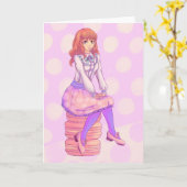 Roze Macaron Girl Kaart (Gele Bloem)
