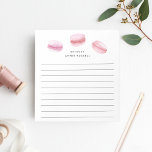 Roze Macarons | Gepersonaliseerde leningen Notitieblok<br><div class="desc">Oh la! Dit  pastel-notitieblok zal zelfs de meest alledaagse taken van Parisian nog verder uitbreiden. Het ontwerp bevat een trio van pastelbruine,  roze Franse macaronkoekjes met de Franse groet bonjour en jouw naam of een keuze uit tekst in moderne letters. Gelineerd.</div>