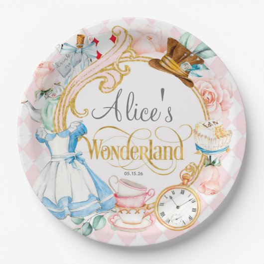 Roze, Mad Hatter, Tea Party, Meisje Wonderland Papieren Bordje (Voorkant)