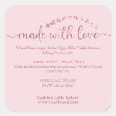 Roze 'Made with Love' Script Ingredient Product Vierkante Sticker (Voorkant)
