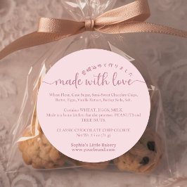 Roze 'Made with Love' Script Ingredienten Bakkerij Ronde Sticker