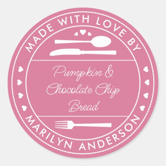 Roze 'Made With Love' Voedsel Cadeau Ronde Sticker (Voorkant)
