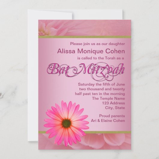 Roze Madelief Bat Mitzvah Uitnodigingen (Voorkant)