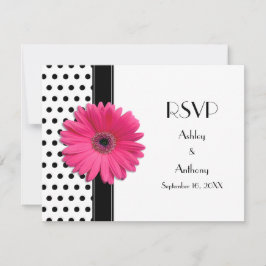 Roze Madeliefje Zwart Wit Stippen Huwelijk RSVP Kaartje